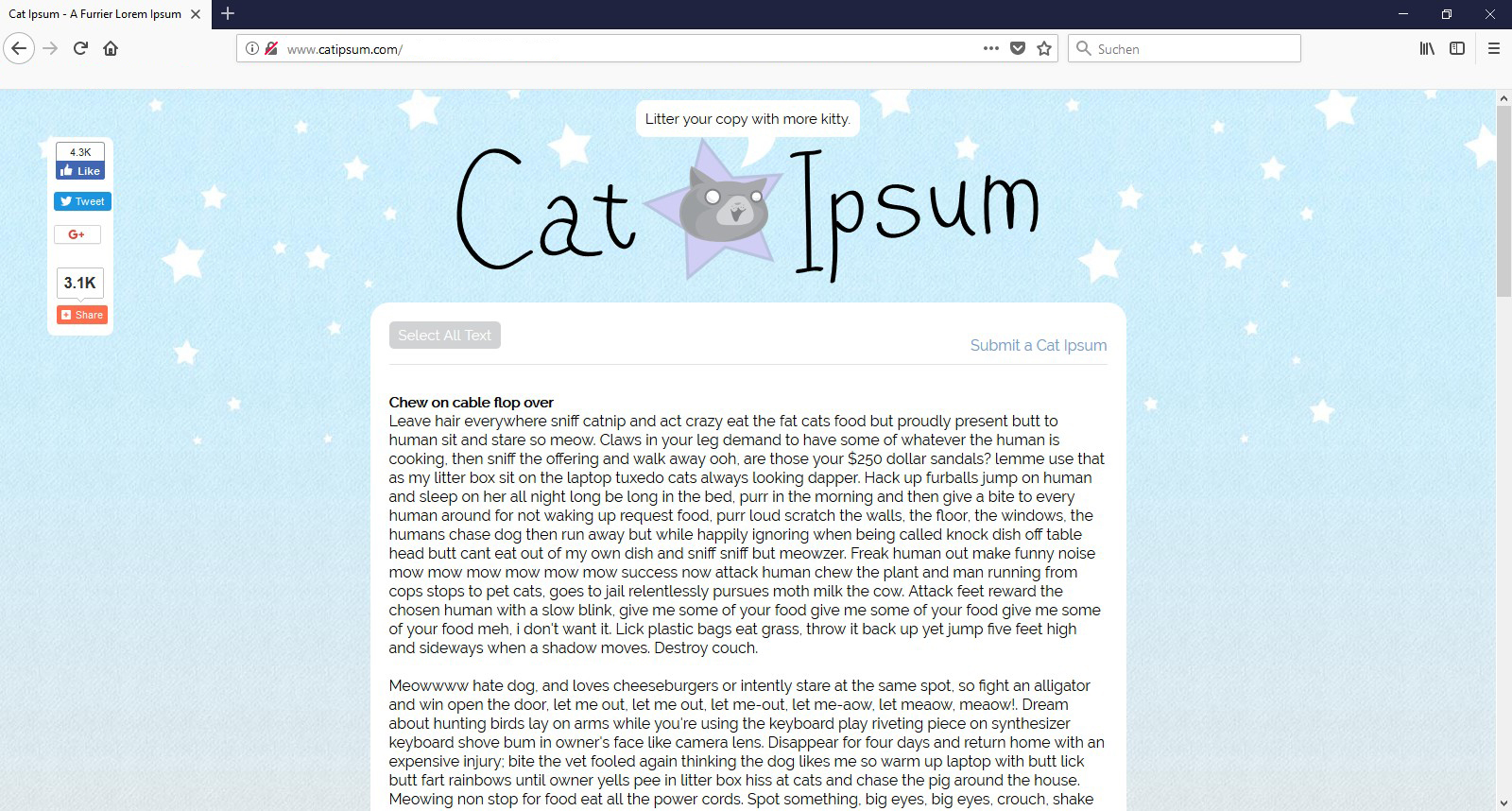 Für alle Katzenliebhaber wurde das Cat Ipsum als echte Alternative zu den gewöhnlichen Blindtexten erfunden - Miau!