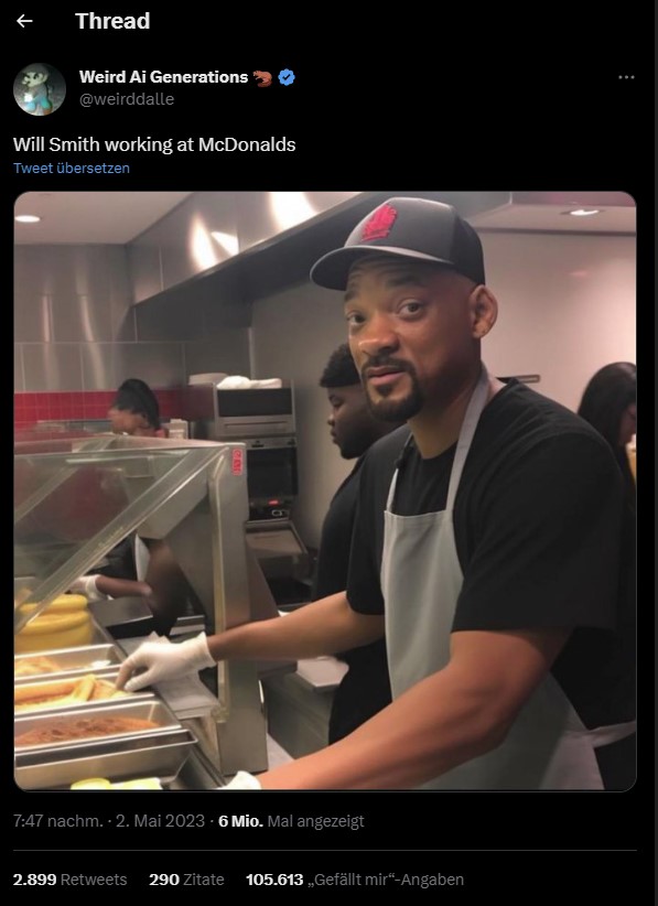 Ein Beispiel für ein mit KI generiertes Bild für verbotene KI-Bilder ist Will Smith als Mitarbeiter bei McDonalds.